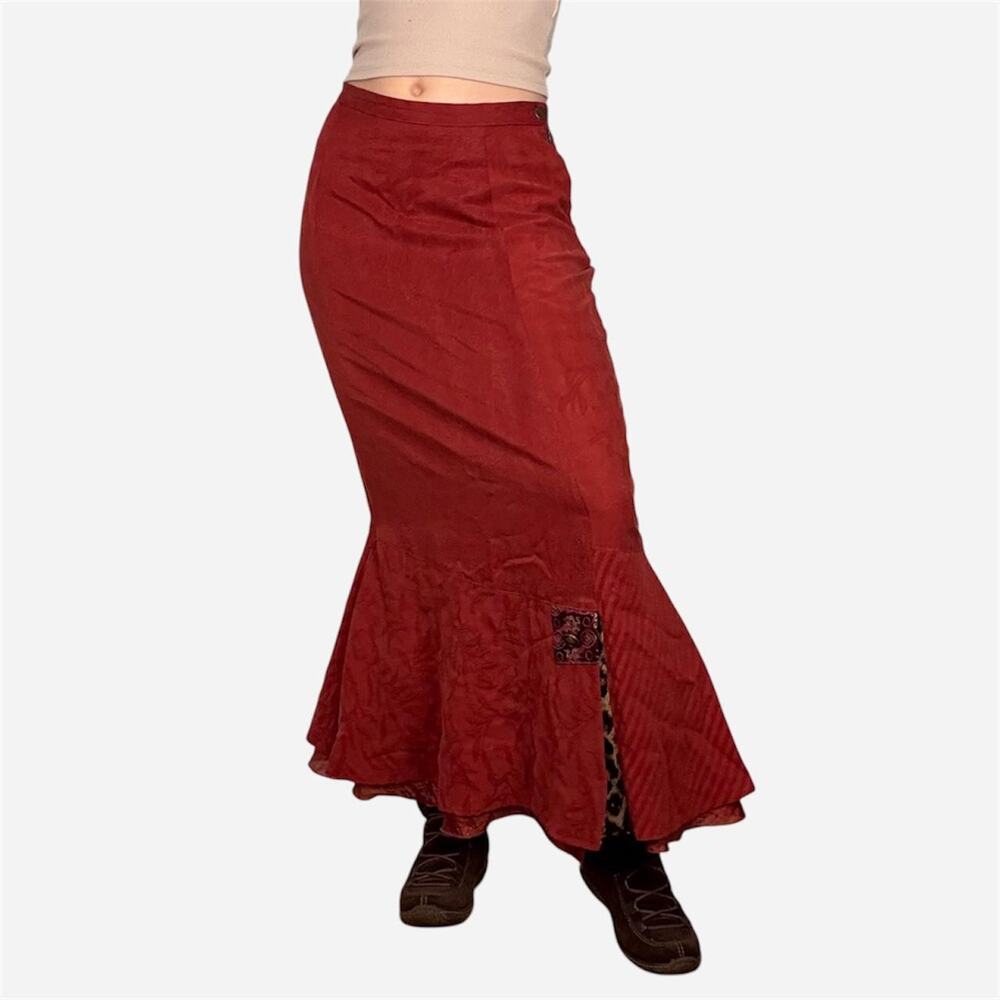 Neil & David red vintage patchwork maxi skirt boho
